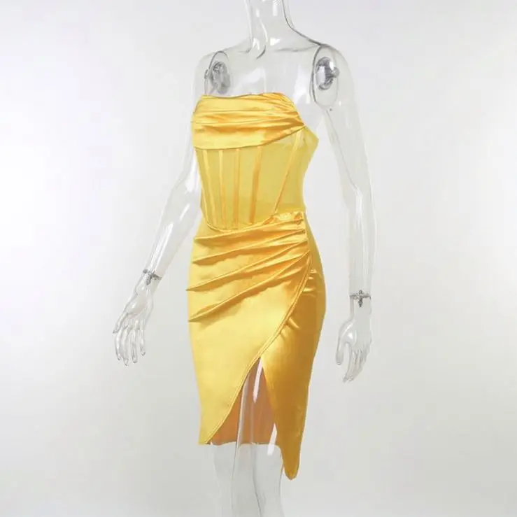 Satin Sexy Party Summer Dresses For Women Bodycon Mini Dress Club Strapless Casual Dress Black Yellow Solid Vestidos