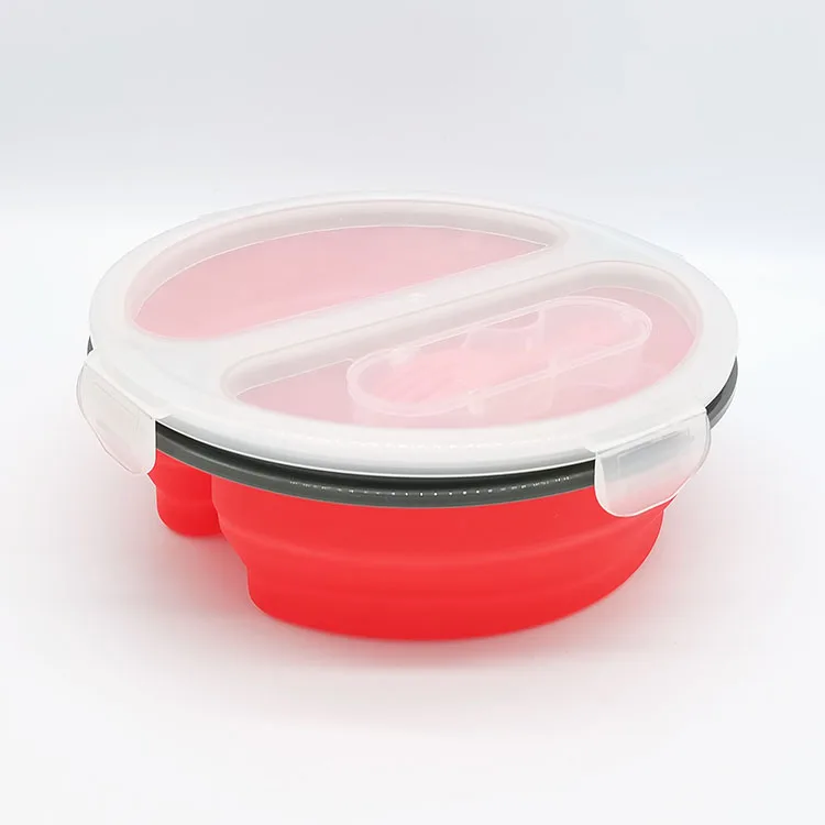 High Quality Round Silicone Collapsible Food Storage Containers Double grid Lunch Box With Plastic Spoon