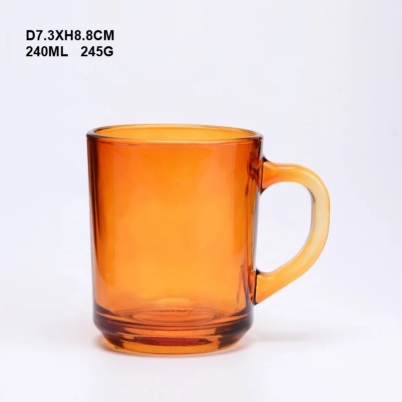 8 oz Round Painted Amber Color Glass Coffee Cup with Handle