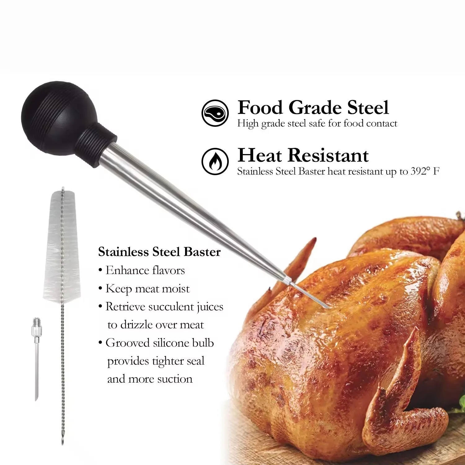 Meat Injector Syringe Turkey Baster with Marinade Injector Needles Cleaning Brush for BBQ Grill Smoker, Turkey and Brisket