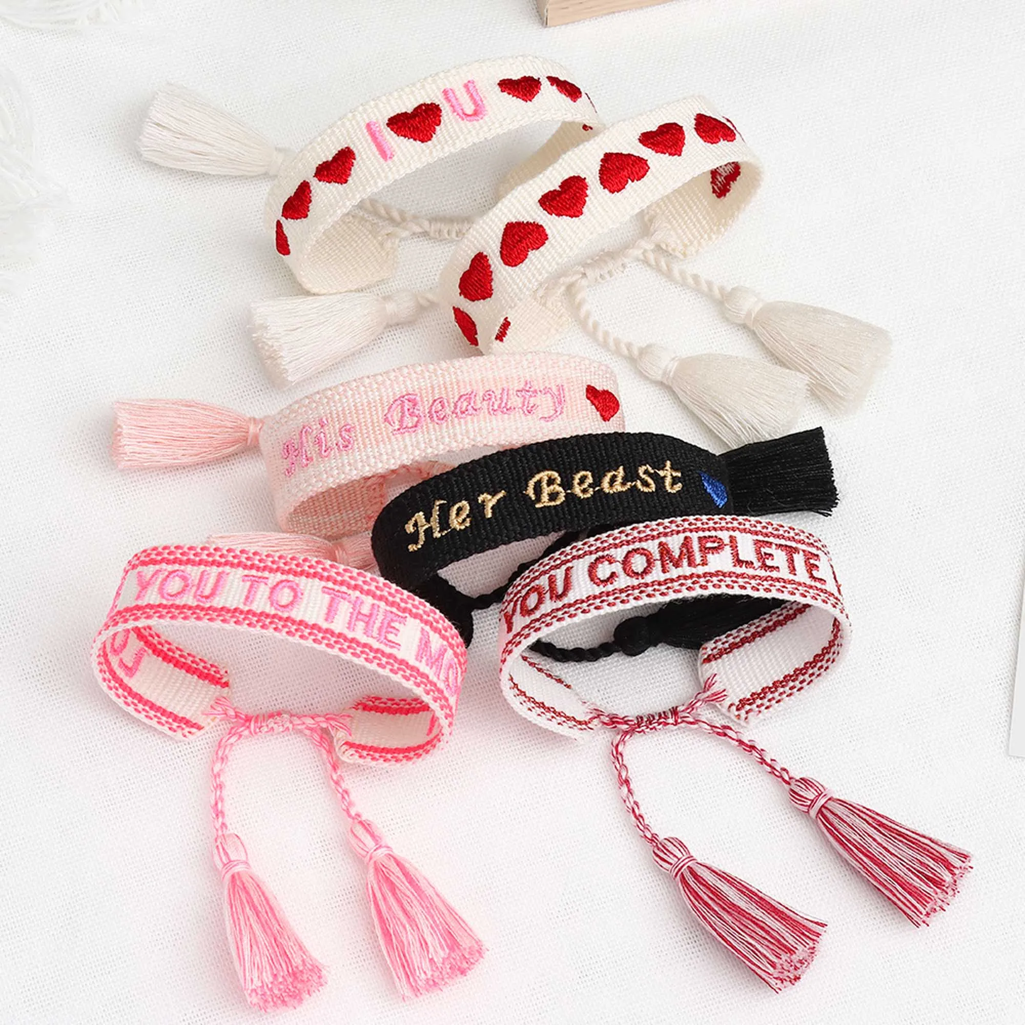 10pcs Valentine Day Embroidery Bracelet Handmade I LOVE U His Beast Her Beauty Bracelet Jewelry Engagement Gift Tassel Wristband