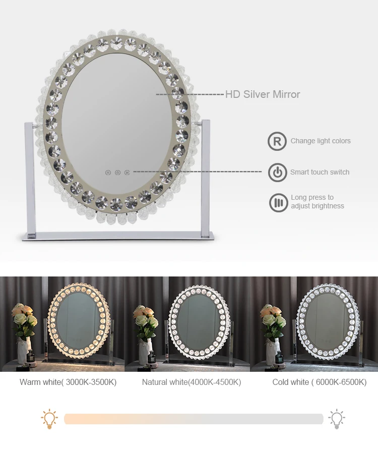 Luxury Crystal Led Table 360 Degree Rotation Large Size Beauty Distribute Touch Sensor Switch 3 Color Lights Makeup Mirror