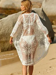Floral Embroidery Lace Swimsuit Cover Up Swimwear Long Open Kimono Beach Cover Ups