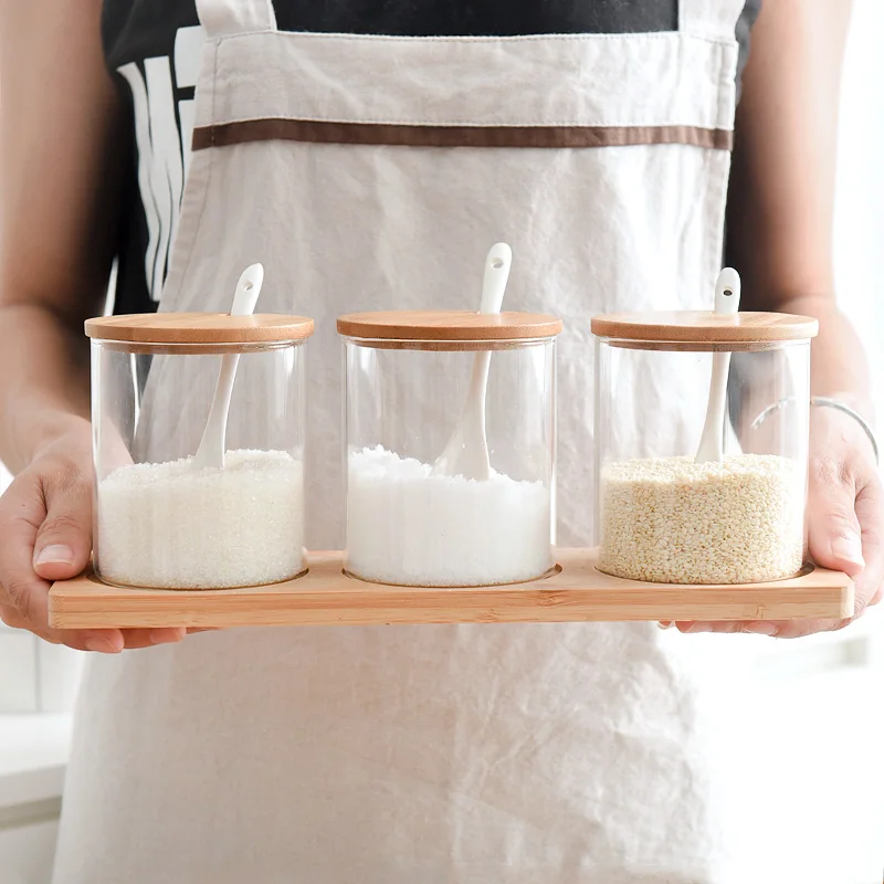 Environmental Safety Glass Salt Box Porcelain Spice Container Three Pieces Seasoning Jar with tray