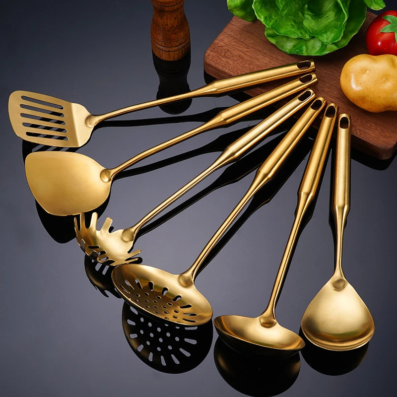 Hollow Handle Spoon Spatul Soup Ladle Skimmer Stainless Steel Metal Cooking Tool Set Stainless Steel Gold Kitchen Utensils Set