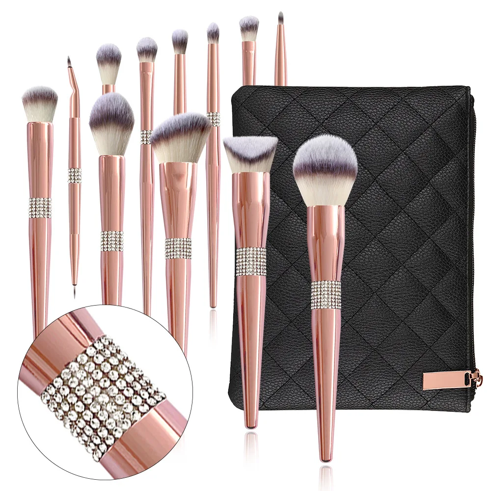 Factory Wholesale Custom 12PCS Luxury Glitter Diamond Bling Private Label Makeup Brush Rose Gold Makeup Brushes Set