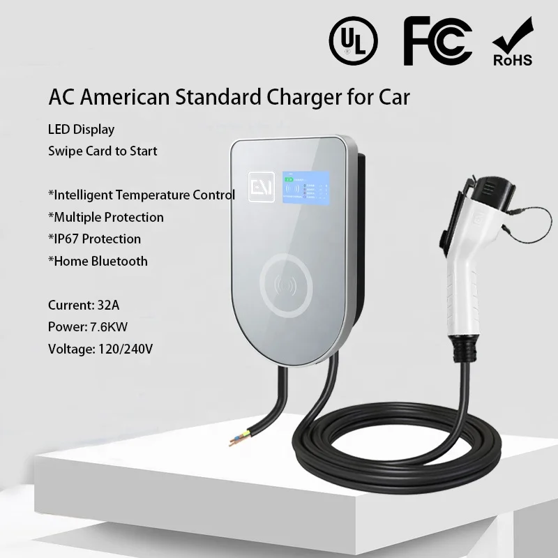 Wall-mounted and column-type ZR-USA01-1 swipe-card-activated charging piles glass panel AC240V 32A 7.6KW bluetooth