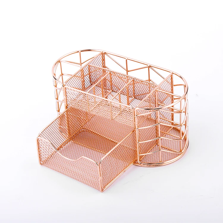 Desktop Decoration Multifunction Rose Gold Mesh Metal Stationery Basket and Pen Holder  With Good After Sale Service