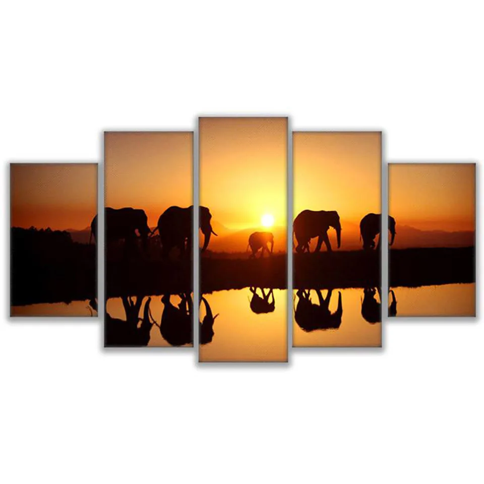 5 Panels Sunset Animal Elephants Wall Art Pictures Modern Home Decor Posters HD Canvas Painting For Living Room