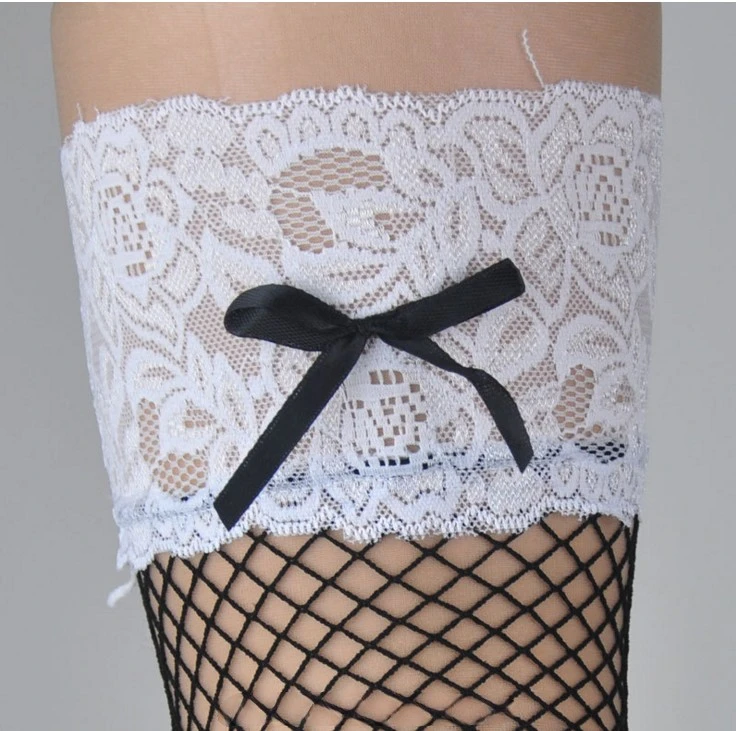 Women White Lace Top Hollow Fishnet Tights Stocking Lingerie