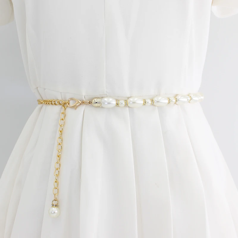2023 Vintage  New Hot Sale white Pearl Chain Belts for women waist belly strap for girls ladies designer dresses