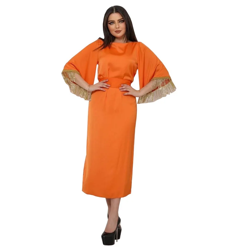 modest Muslim Fashion Dress Ruffle sleeves Solid color shawl jacket Middle Eastern soft dress