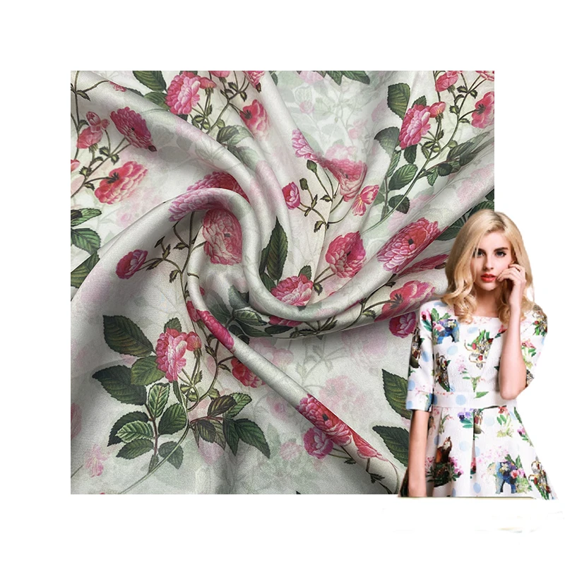 High quality  Elastic100%Polyester Printed Silk Satin Fabric For Ladies Top And Evening Dress