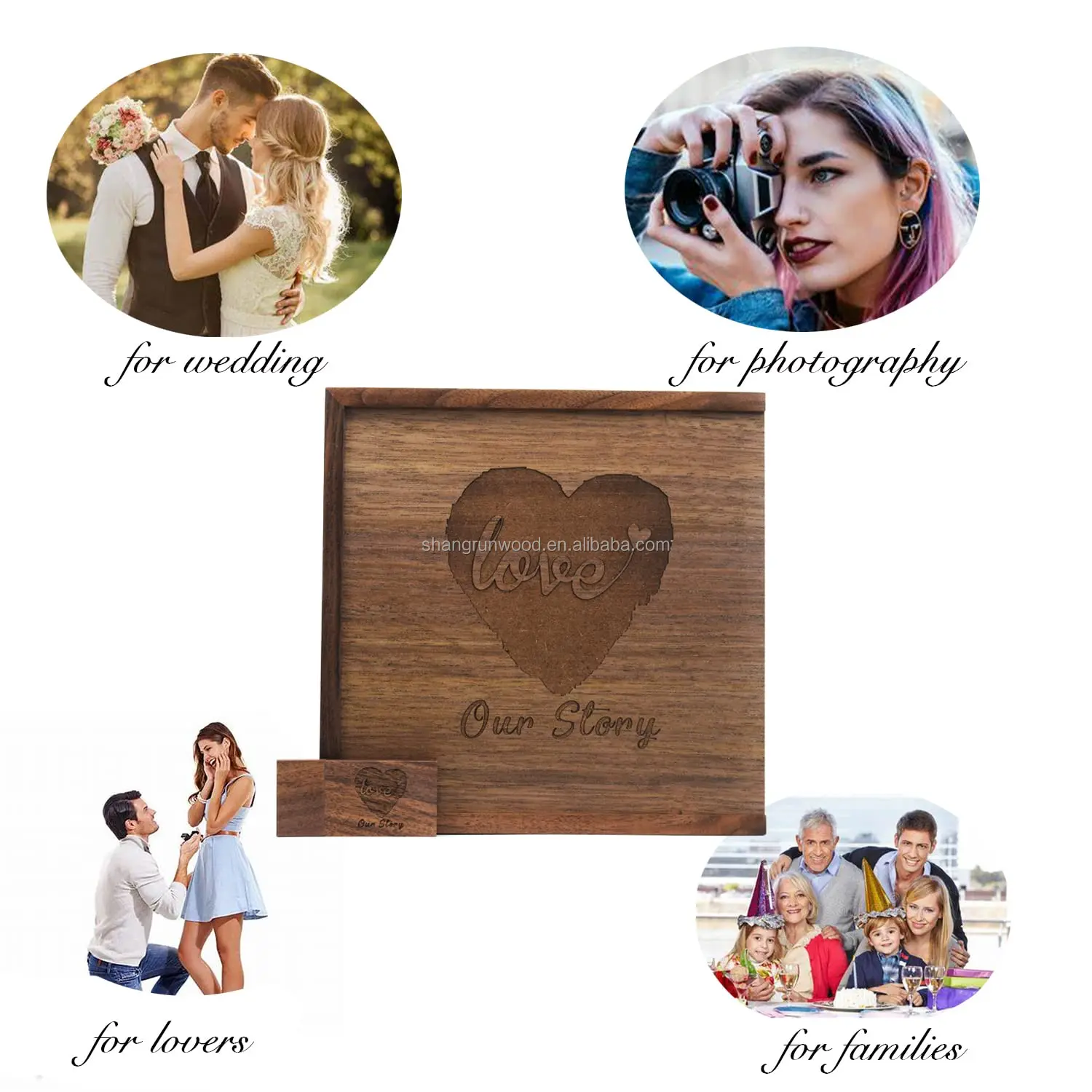 Laser Engraved Wooden Keepsake Card Box Sublimation Photoalbum Wooden Photo Box With Usb For Wedding