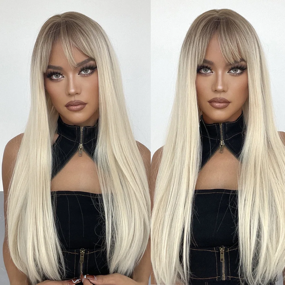 Long Synthetic Straight Wigs Ombre Brown Ash Blonde Wigs with Bang for Women Cosplay Lolita Daily Party Heat Resistant