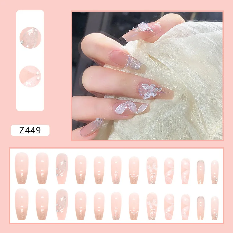 Long Fake Nail Tips Very Beautiful White Lace Flower Butterfly Pearl Press On Nails