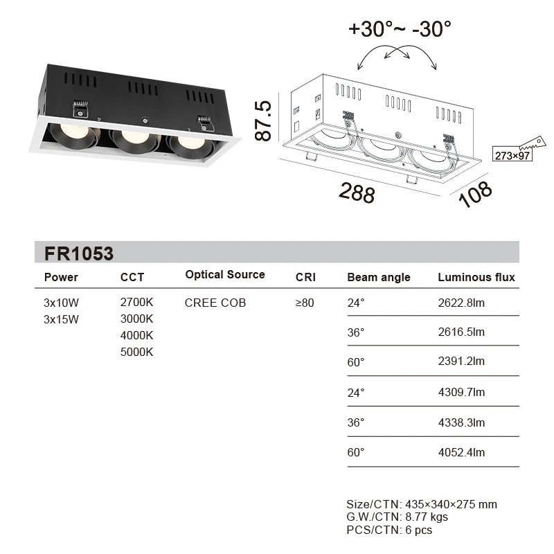 5W 7W 10W 12W 15W Square 2 Heads 3 Adjustable Led Cob Grille Light Recessed Downlights Ceiling lighting Dimmable