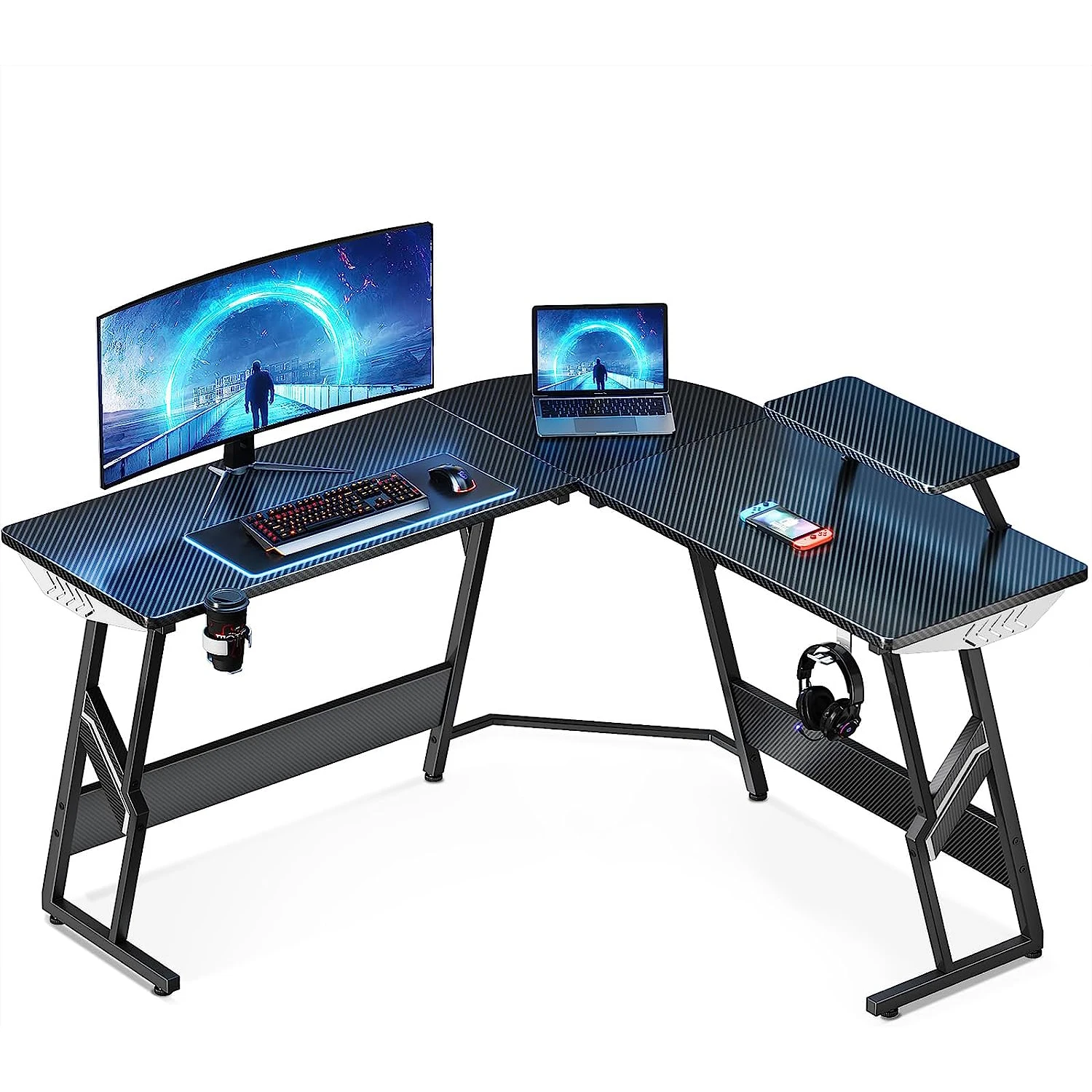 Black L Shaped Gaming Desk with Cup Holder and Headphone Hook gaming gamer desk and chairs