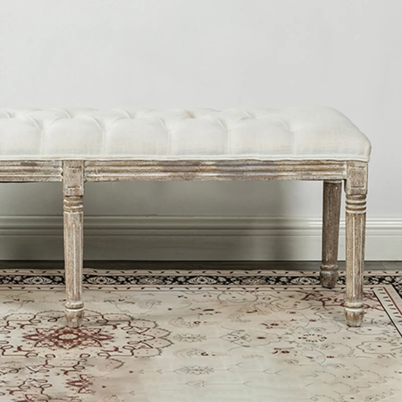 Amazon Hot Sale Vintage Beige Linen Upholstered Solid Wood Bed Shoe Seating Wooden Long Bench Stool Ottoman