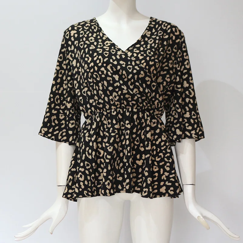
TP830007 New Spring Summer Plus Size Leopard Chiffon Top Loose Casual Deep V Designer Flare Sleeve Tops Woman Sexy Ladies Shirts 