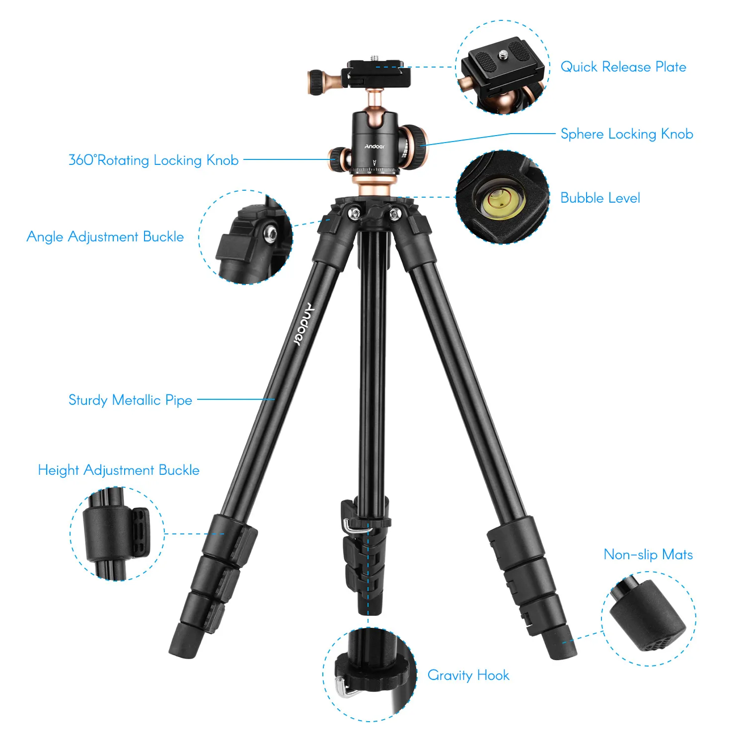Andoer Q160SA Adjustable Height Portable Travel Camera Tripod Stand Complete Tripods for
