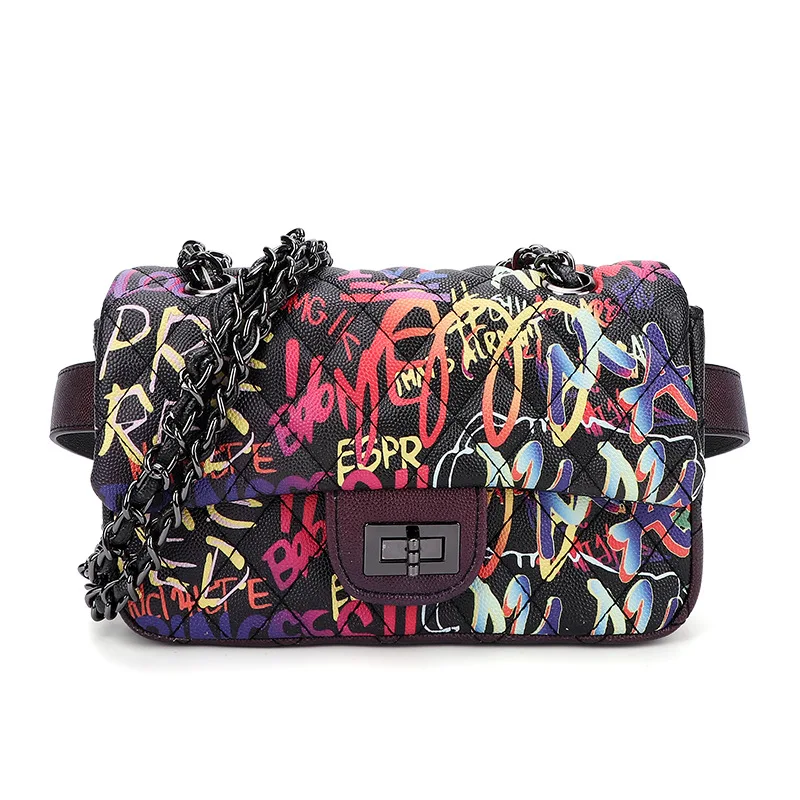 Fashion rainbow hip bum bag girl pu leather colour graffiti cute fanny pack Women chain waist belt bag for party cocktail rave