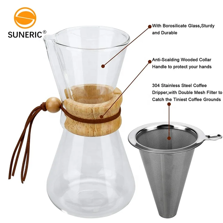 Heat Resistant Hand Coffee Maker 304 Stainless Steel Filter Coffee Brewer Pot Set Glass Pour Over Coffee Dripper With Filter