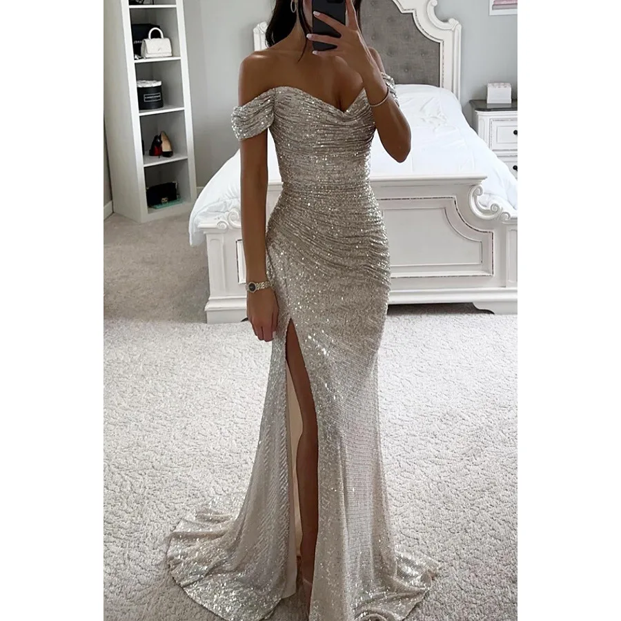 European And American New Party Sequin One Line Neck Split Wedding Guest Dresses Collar Slit Ins Casual Fashion Dress For Women
