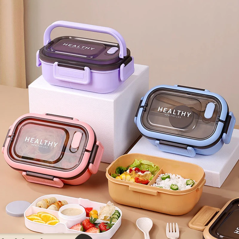 Wholesale New Coloring Plastic 3 Compartments Bento Dividing Lunch Box Children Food Containers Plastic Lid Set Bag For Kids