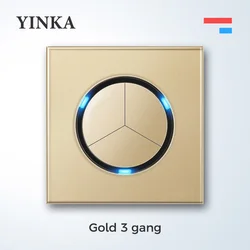 YINKA Universal Round Tempered Glass Home Wall Switch Panel LED Indicator Black Grey Gold White 250V 16A Wall Key Switch