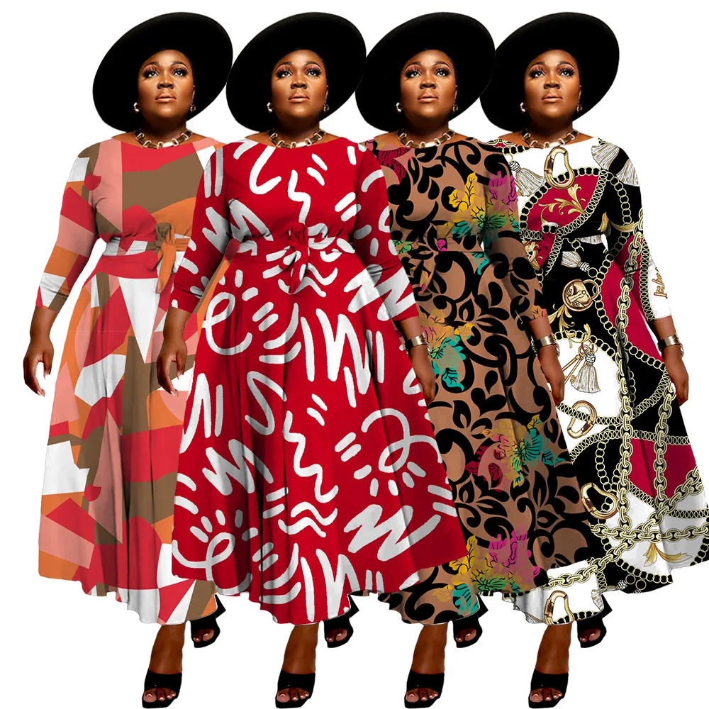 CN7964 Plus Size Maxi Long Dress Half Sleeved Printed A-line Casual Formal Office Party Dresses For Fat Women