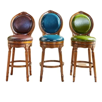 
Custom American vintage style rotating solid wood and leather bar chairs 