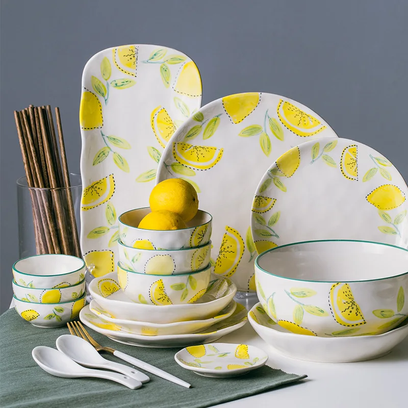 2022 new arrive Wholesale Lemon Printed Ceramic Tableware Salad Dishes Plates lemon dinnerware