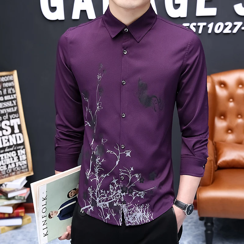 
Business Shirt Fashion Printing Shirt M-4XL Black Blue Purple White All-Match Flower Shirt 