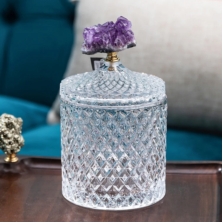 Luxury Natural Amethyst Quartz Geode Crystal Storage Candy Glass Jar for Home Table Decoration Wedding Party Birthday Gift