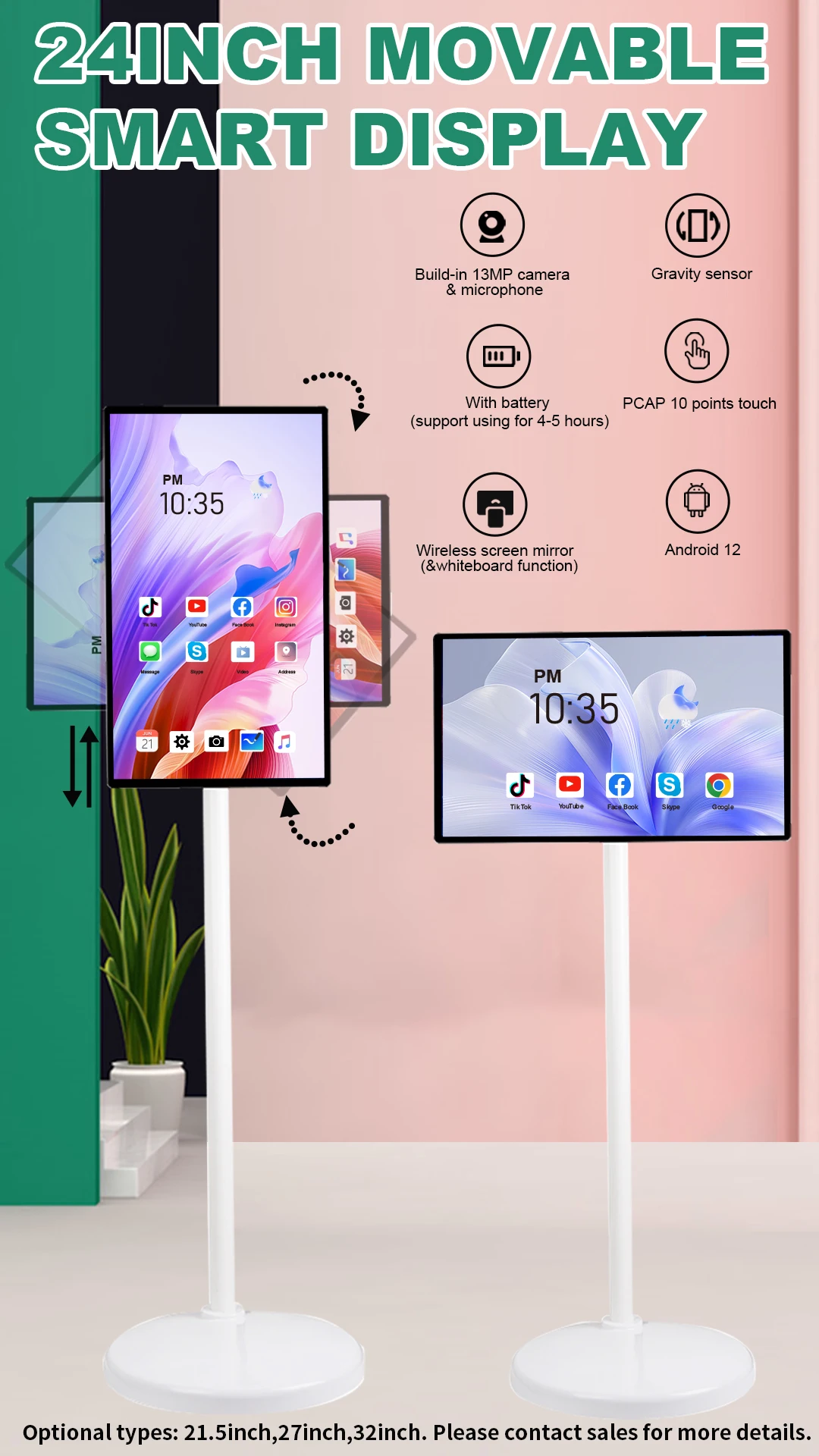 VETO 24 Inch Smart Portable TV Ultra Narrow Bezel Wireless Indoor Android 12 Rolling With Built-in Camera