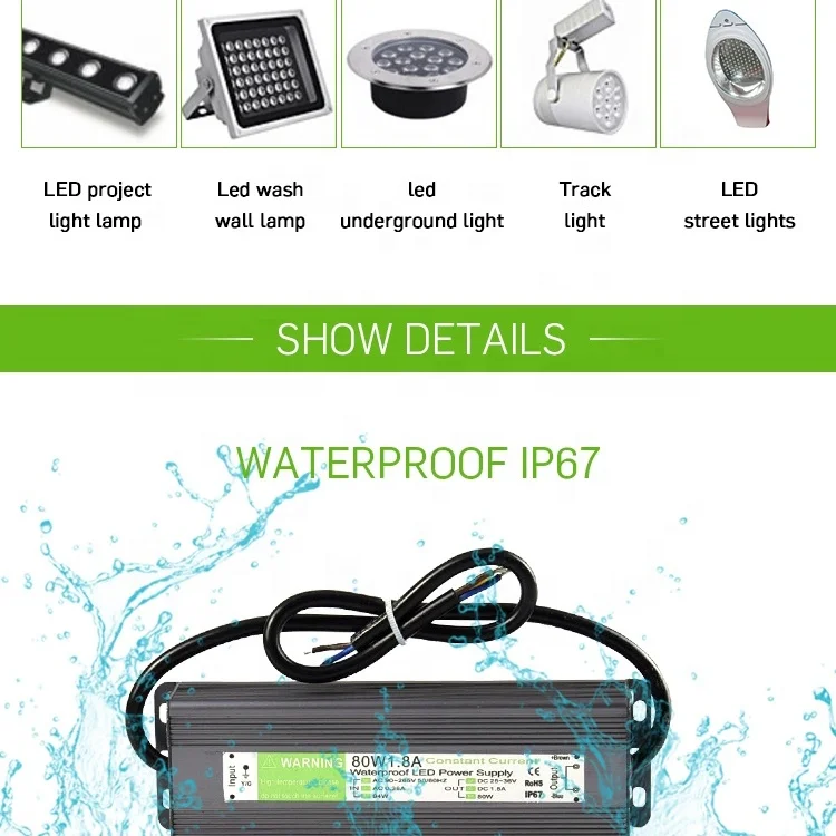High quality IP67 waterproof power supply AC90-265v DC12/24v 80w constant voltage led power supply .