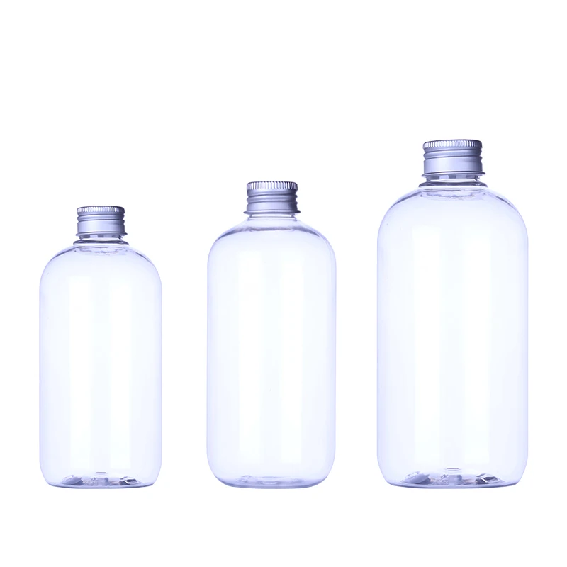 High quality 250ml 300ml 500ml Cosmetic plastic bottle Round transparent PET plastic bottle aluminum cap
