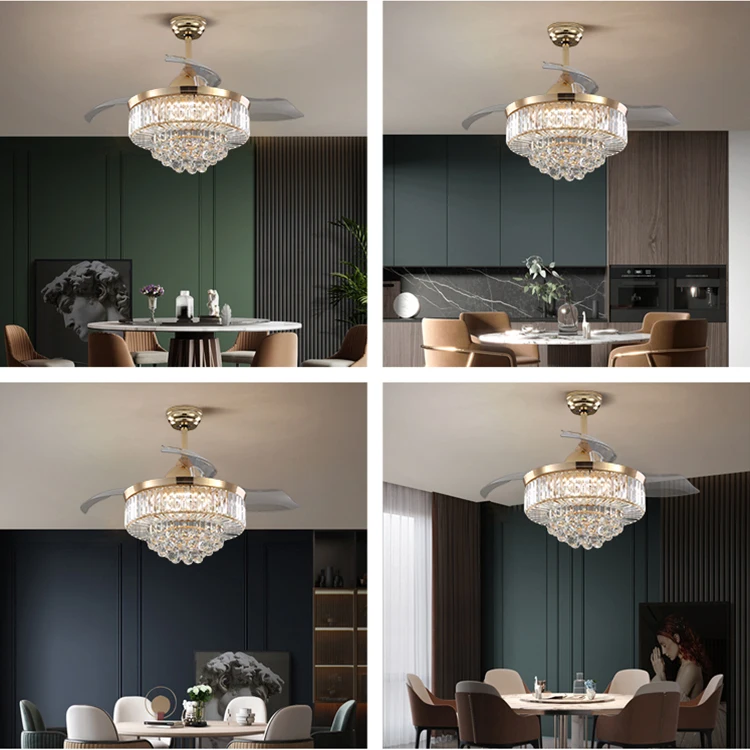 Remote Control Light Living Room Modern Crystal Retractable Blades Ceiling Chandelier With Fan