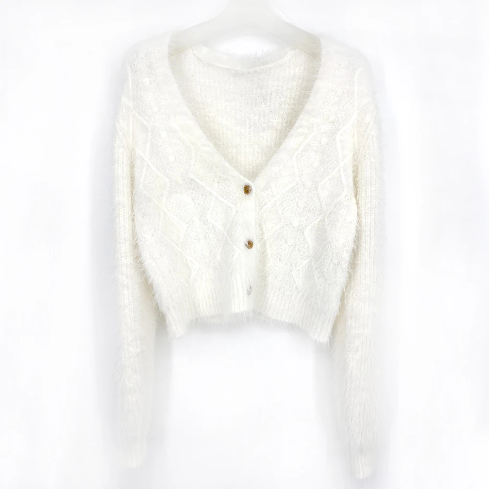 Custom Oem Fall Autumn High Quality White Warm Mohair Wool V Neck Cardigan Sweater With Buttons For Women