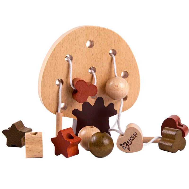 Custom Montessori early learning aids kid wooden threading board toy Montessori threaded rope intellectual building block toy