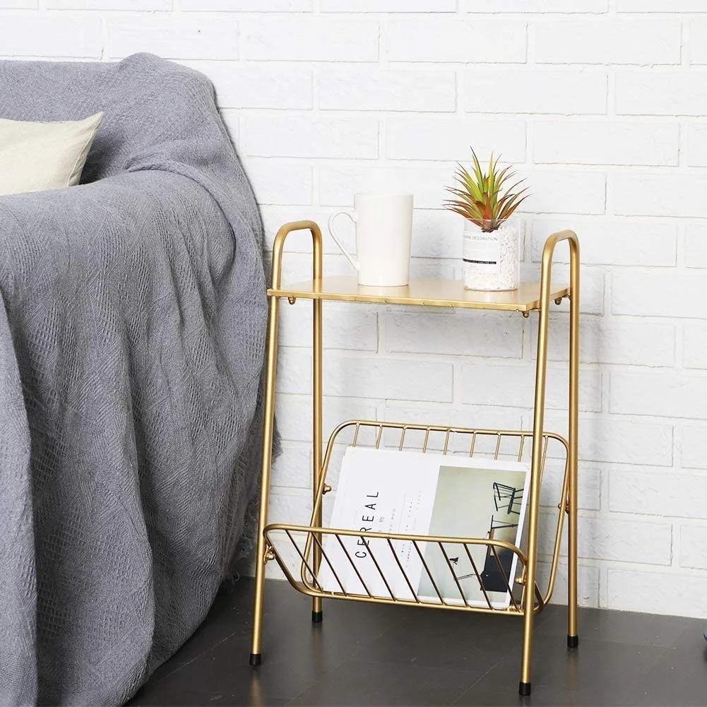 New Metal luxury modern gold sofa side coffee tea square metal side table with magazine rack