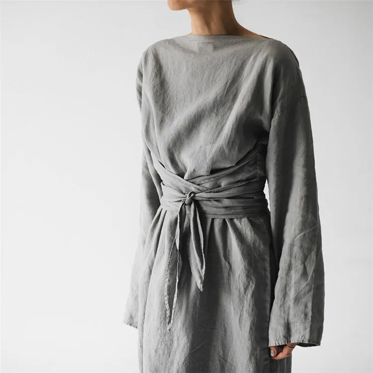 Spring Ladies Vintage Autumn Casual Long Dress Ladies Plain Maxi Cotton Linen Dresses For Women