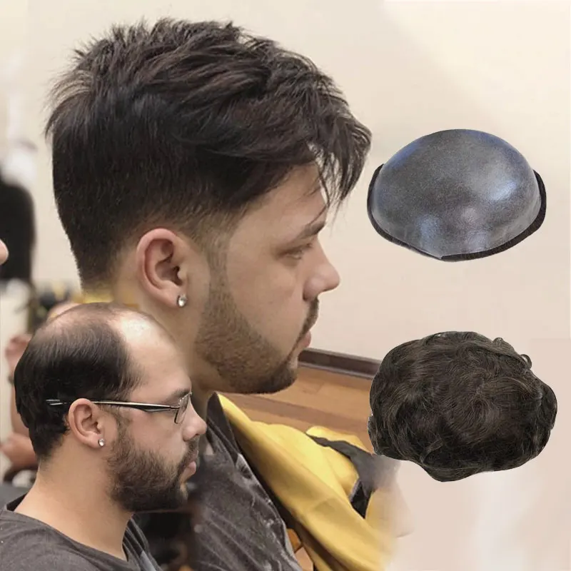 Cheapest Indian remy hairpieces manufactures 100% real human hair natural black wave thin skin hair replacement men toupee