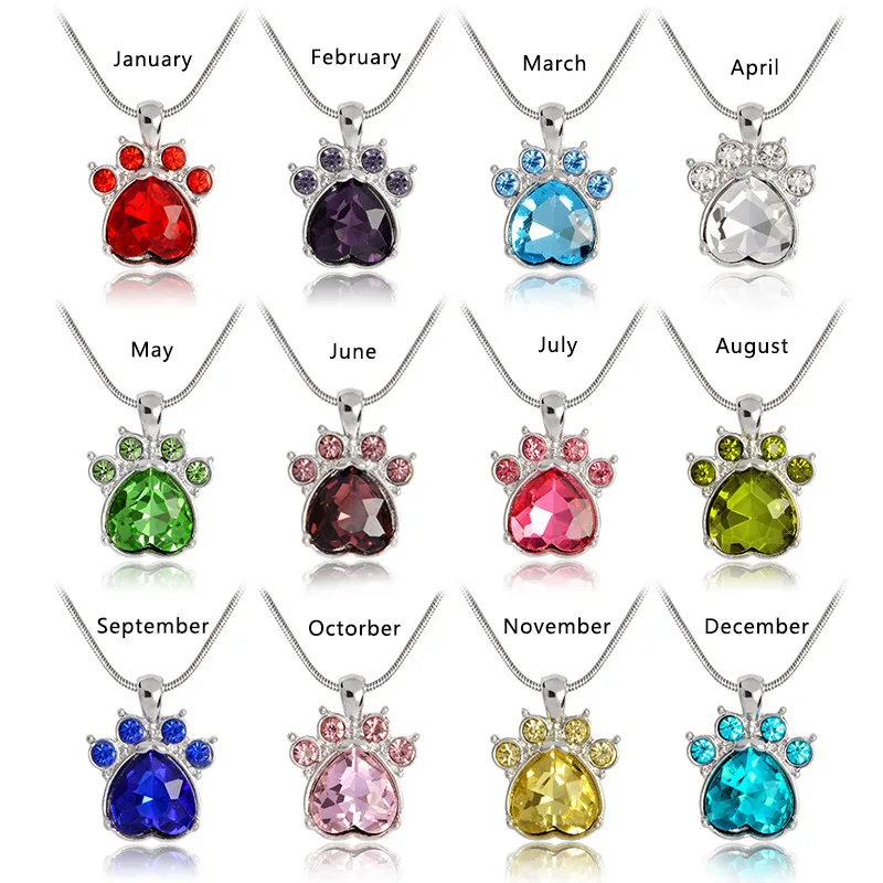 Hot sale birthday gifts simulated birthstone crystal foot print charm animal paw pendant necklace