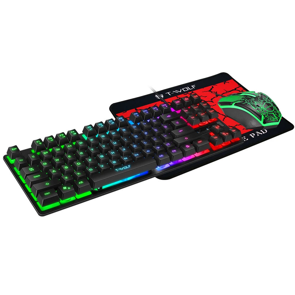 Twolf 87 Key Wired Game Keyboard Mouse and mouse pad 3in1 combo for PC computer gamer RGB LED rainbow light keyboard and Backlit