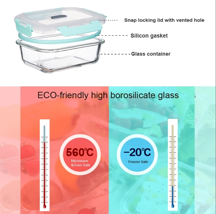 IKOO Microwave,oven, freezer and dishwasher safe glass lunch box leak proof glass containers for food storage