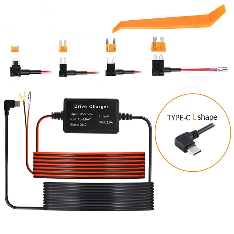 USB C Dash Cam Hardwire Kit 12V-30V to 5V 2.5A Dash Camera Charger Power Supply with 4pcs 16amg Car Fuse Tape 5B Blade Fuse