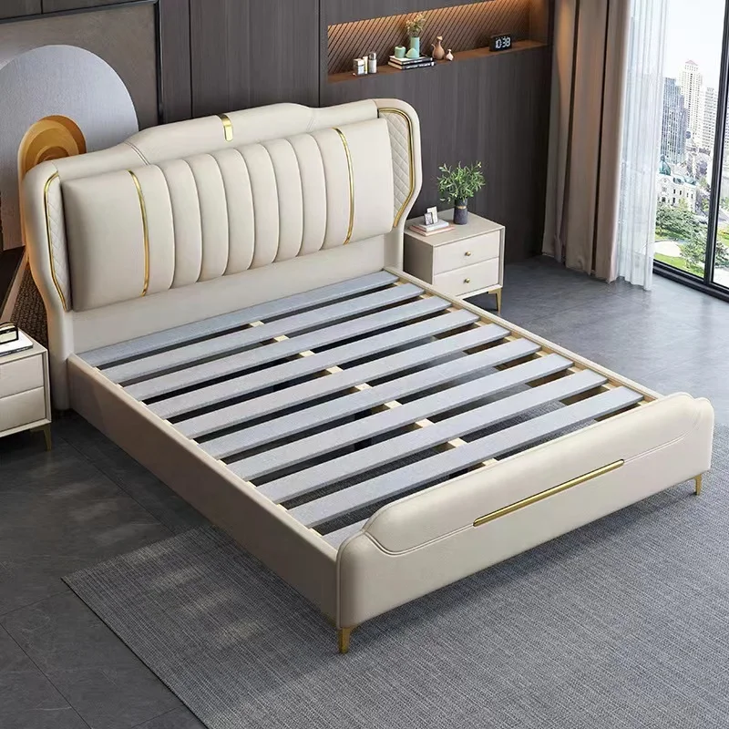 Natural Beige Linen Fabric Upholstered King Size Vintage French Wooden Beds