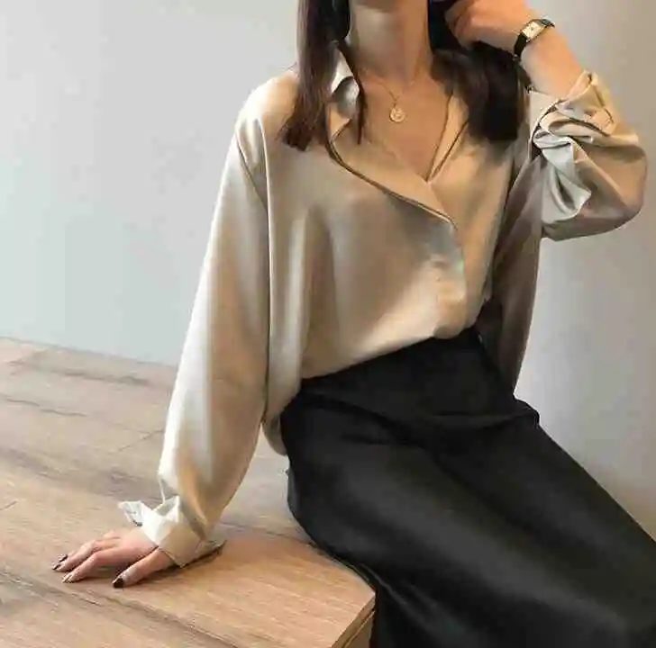 autumn new temperament satin shirt female long-sleeved shirt loose solid color shirt